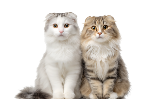 Adorable Pair of Fluffy Scottish Fold Cats isolated on a transparent background