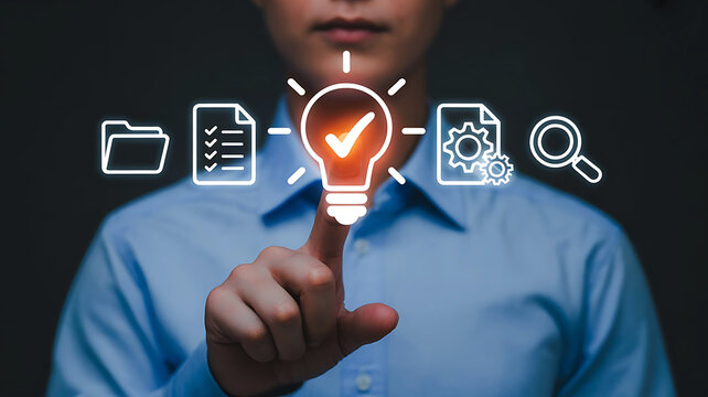 Innovation process shown with a light bulb and digital icons representing data management and information research highlighting a successful idea