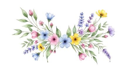 Watercolor floral arrangement with vibrant spring blossoms and delicate foliage