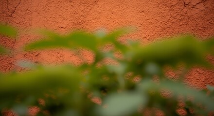 Textured terracotta wall background framed by blurred vibrant green foliage