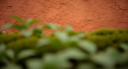 Textured terracotta wall backdrop with soft focus greenery providing depth