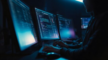 Computer programmer works diligently on multiple glowing screens displaying lines of illuminated text