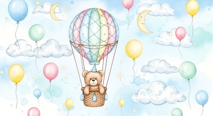 Watercolor illustration of a teddy bear in a hot air balloon among clouds and balloons