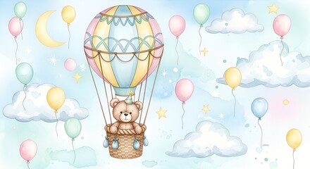 Adorable watercolor illustration featuring a teddy bear in a hot air balloon