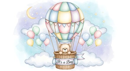 Adorable baby shower illustration with hot air balloon and teddy bear for a baby boy