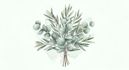 Watercolor eucalyptus and olive branch bouquet illustration on white background