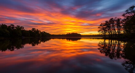 Obraz premium Vibrant Sunset Over Calm Lake with Tree Silhouettes and Reflections