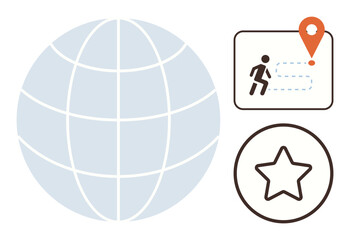 World grid sphere, route map with person moving to location, orange marker, and star badge. Ideal for travel, geolocation, exploration, navigation trekking achievement and motivation. A simple