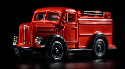Miniature vintage rescue vehicle toy rests against a deep black background
