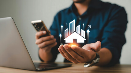 Real estate investment analysis with digital technology showing property growth and financial success for modern investors on the laptop