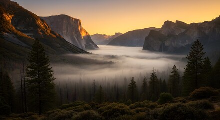Yosemite Valley Fog at Sunrise with El Capitan and Yosemite Falls