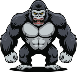 Cartoon gorilla standing upright, muscular wild animal, fierce expression, aggressive pose, vector illustration, mascot design, strong character, jungle beast, cool style