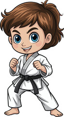 Cartoon martial arts child, black belt fighter, karate uniform, fighting stance, vector illustration, discipline, strength, training pose, confident expression