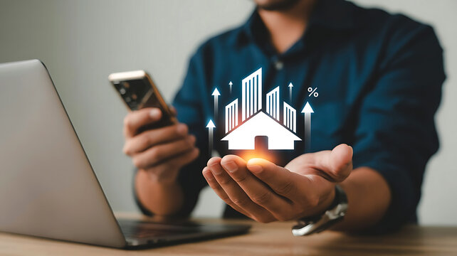 Real estate investment analysis with digital technology showing property growth and financial success for modern investors on the laptop