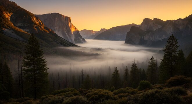 Yosemite Valley Fog at Sunrise with El Capitan and Yosemite Falls
