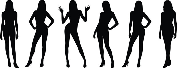 Female silhouette poses, black fashion figures, standing woman shapes, high heel posture, vector illustration, minimal design, elegance, beauty, modeling concept