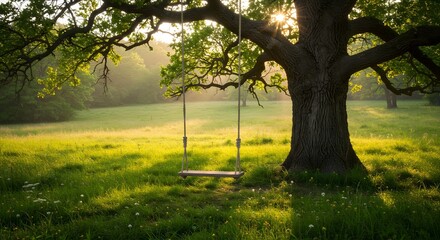 Obraz premium Serene Countryside Swing Under Ancient Oak Tree at Sunrise