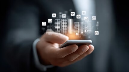 Mobile Tech: Digital Cityscape on Phone for Business & Innovation, Mobile technology, Smart city, Digital transformation