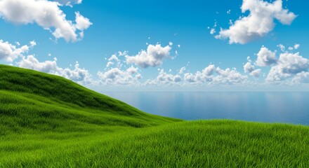 Obraz premium Lush Green Hillside Meets Calm Blue Ocean Under a Cloudy Sky