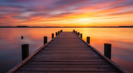 Wooden Pier at Sunset with Vibrant Orange and Pink Clouds Reflecting on Calm Water