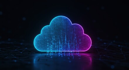 Glowing digital cloud icon illuminates dark background with falling binary code
