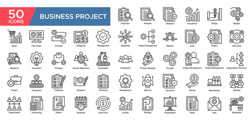 Business Project collection set. Analysis, Validation ,Investment, Budget, Teamwork, Management, Process, Employee, icon. Simple Outline vector illustrati