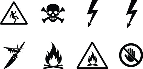 Black and white safety hazard symbols, workplace warning icons, fire, electrical, toxic, sharp object, slippery surface, do not touch