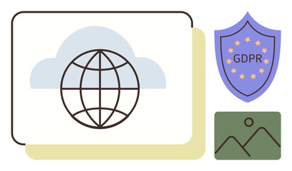 Globe within cloud symbolizing global connectivity, GDPR shield for data protection, and image icon for media. Ideal for privacy, compliance, global access, cloud storage, cyber security, legal