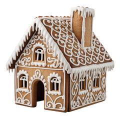 Intricate Gingerbread House with White Icing, on Transparent Background, Isolated