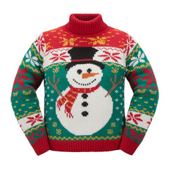 Knitted Ugly Christmas Sweater with Snowman Design on Transparent Background