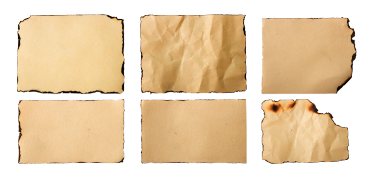 set of old paper with burnt edges on white background isolated