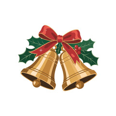 Two Golden Christmas Bells with Red Bow and Holly on Transparent Background