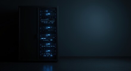 Industrial equipment rack illuminates dark room with glowing internal components