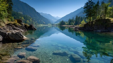 Pristine alpine lake water reflects steep forested mountains under clear blue sky