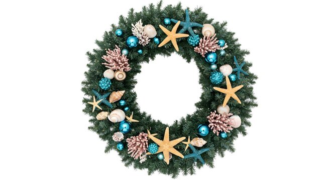 A christmas wreath decorated with starfish, seashells, coral and blue ornaments on a white background - Powered by Adobe