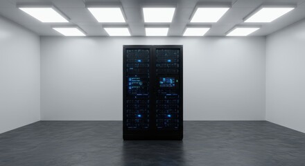 Large electronic equipment cabinet stands illuminated within a sterile, brightly lit room