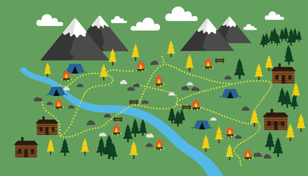 Vibrant cartoon map illustrates a wilderness camping adventure with tents, cabins, campfires, and scenic mountains, perfect for outdoor exploration themes