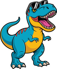 Cartoon T-rex with black sunglasses, blue dinosaur character, funny prehistoric reptile, vector illustration, roaring pose, children’s design, playful expression