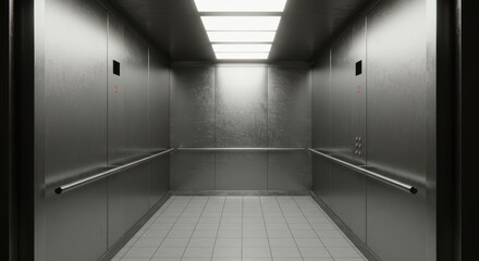 Interior view looking straight ahead inside an empty stainless steel passenger lift cabin