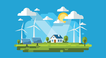 Naklejka premium Sustainable home powered by clean wind and solar energy under a bright sunny sky with fluffy clouds