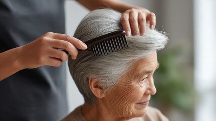 Naklejka premium elderly daily care routine A caregiver styles the hair of an elderly woman, showcasing a moment of tenderness and care.