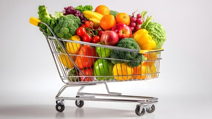 Metal shopping cart overflows with a vibrant assortment of fresh fruits and vegetables