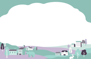 淡いグリーンとラベンダーで描く穏やかな丘の町