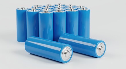 Numerous blue cylindrical power cells are arranged on a light surface with two lying horizontally in the foreground.