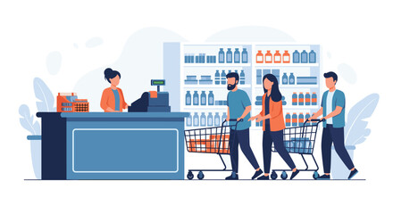 Happy shoppers with carts cheerfully buy groceries at a modern supermarket checkout counter with friendly cashier assisting customers