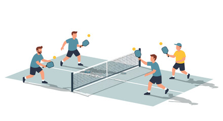 Dynamic group of friends enthusiastically playing pickleball on a sunny court, capturing the joy of active recreation and healthy lifestyle