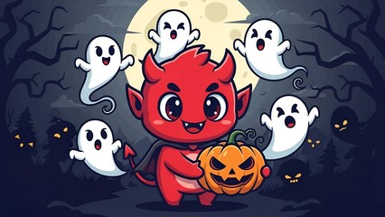 Obraz premium Cartoon devil with pumpkin and friendly ghosts against a full moon