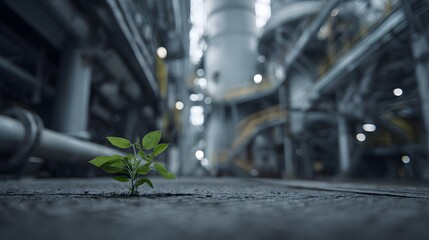 Fototapeta premium Small green sprout pushes through concrete floor within massive industrial complex