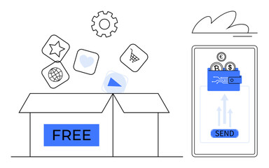 Open box releasing digital app icons thumbs up heart, cart, and globe alongside a mobile screen displaying money transfer process. Ideal for technology, apps, innovation, e-commerce, finance