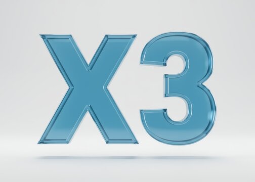 Three dimensional blue glass text displaying the symbol x3 against a soft light background